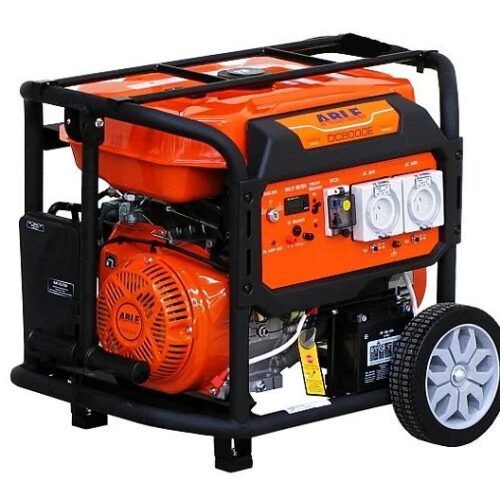 Portable orange gasoline generator on a black metal frame with wheels and two electrical outlets on the front panel.