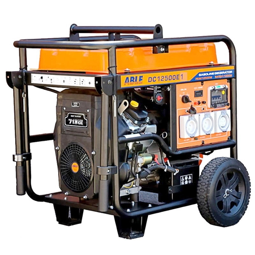 Portable petrol-powered generator on a wheeled frame with orange housing, control panel, outlets, and protective bars (model DC12500E1).