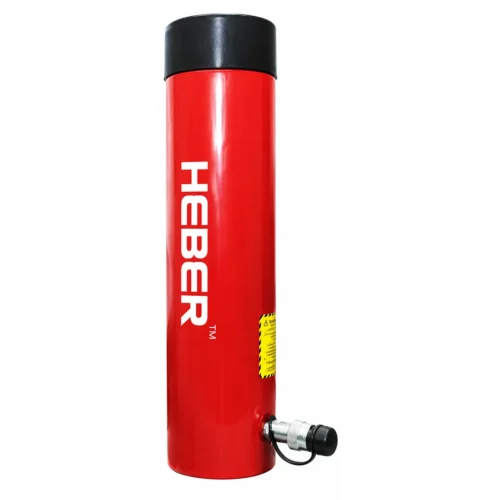 100t 75mm stroke hydraulic ram hollow | red vertical hydraulic cylinder with a black cap on top and a bottom valve, labeled 'heber' on the side.