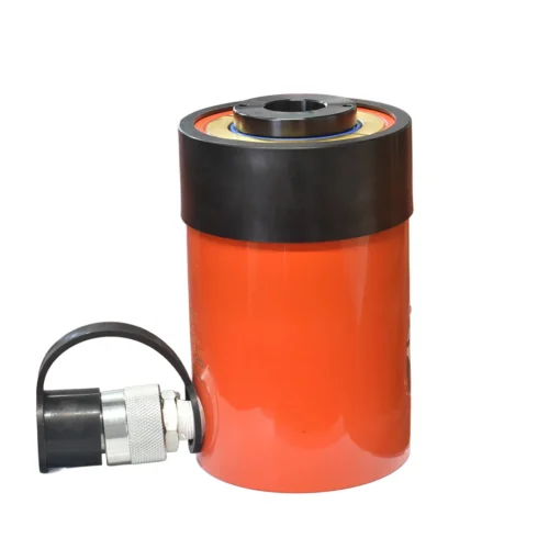 Orange hydraulic bottle jack with black top, side pump fitting, used to lift heavy loads.
