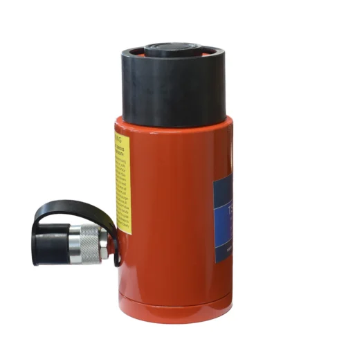 Orange bottle jack with black top, red base, and attached lifting handle; a compact hydraulic jack used to lift vehicles