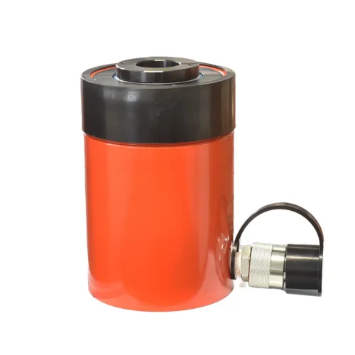 Orange hydraulic cylinder with black top end and side quick-connect coupling for a hose or sensor.