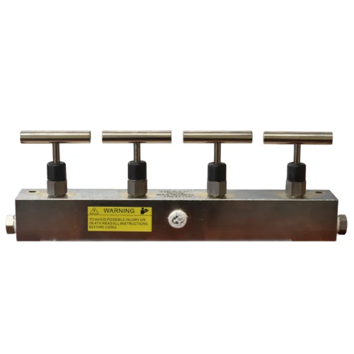 Row of four horizontal metal toggle handles mounted on a metal base with a yellow warning label on the front.