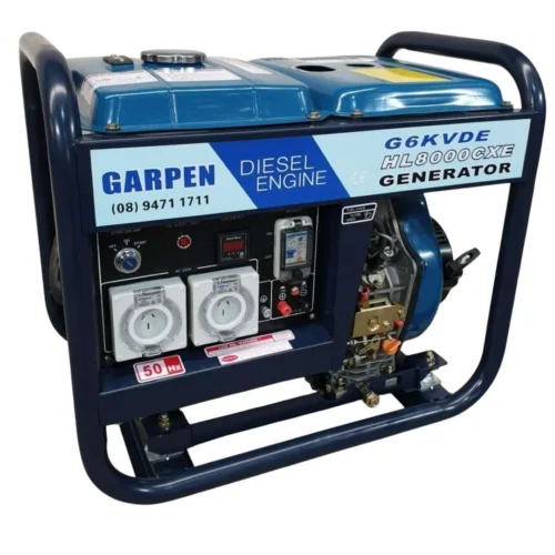 6kva 1 phase 240v 20amps generator diesel minespec | portable blue diesel generator on a metal frame with two outlet sockets and a control panel, ready for use.