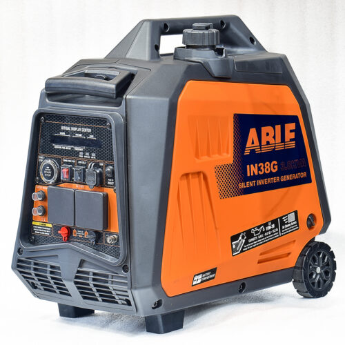 Portable orange-and-gray inverter generator with wheels and handle, model IN38G (3.8 kVA)