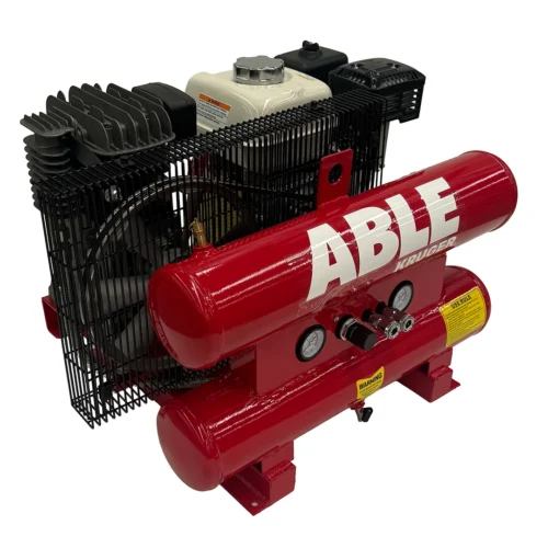 Portable red dual-tank air compressor with a black engine on top and pressure gauges at the front center