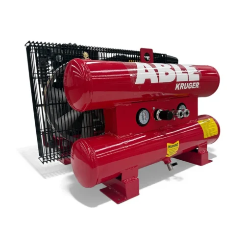 Red ABAC Kruger air compressor with dual horizontal tanks and pressure gauge