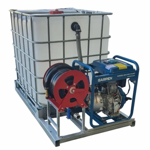 Diesel-powered water pump attached to a large white IBC tote with a hose reel and metal frame for water transfer.