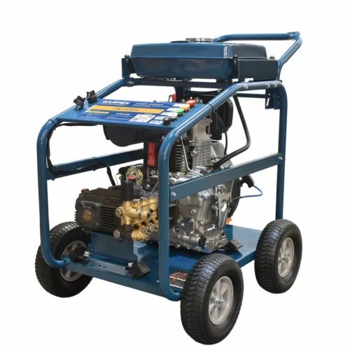 Portable gas-powered pressure washer on a blue wheeled frame, showing engine, pump, and control panel on top of the unit.