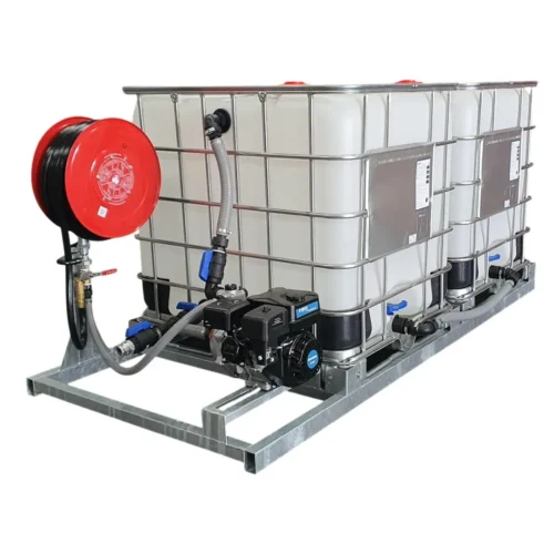 Mobile IBC tote tank with mounted pump, hose reel, and transfer hoses for dispensing liquids