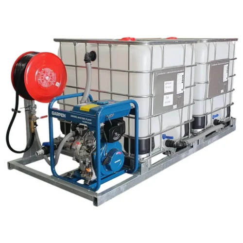 Diesel-powered water pump assembly mounted on a pallet with IBC totes for storage and a red hose reel on the side